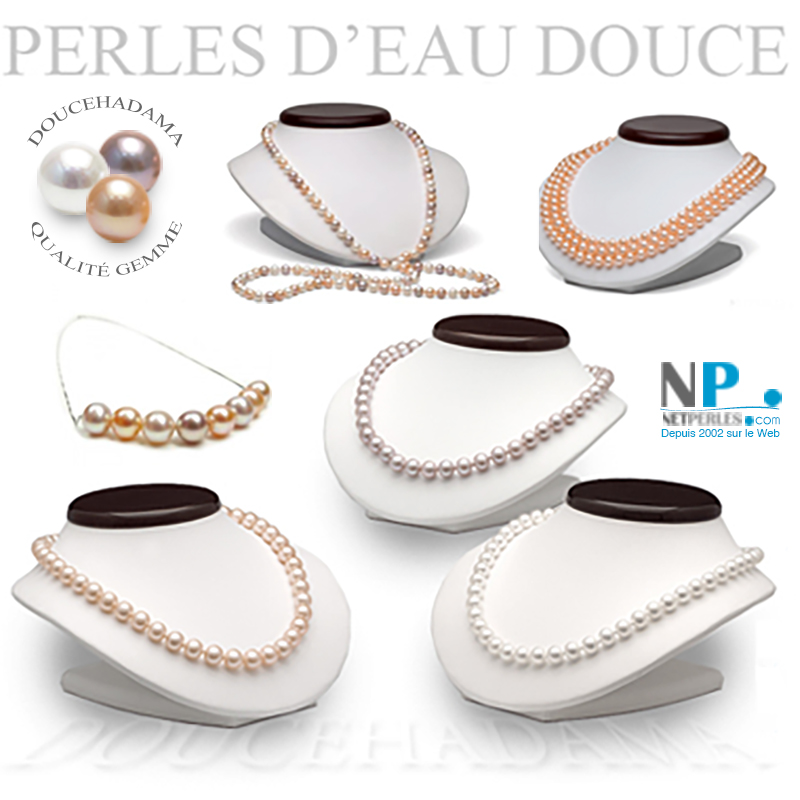 Collier d'eau douce très haut de gamme - colliers DOUCEHADAMA - perles blanches, perles lavandes, perles peches